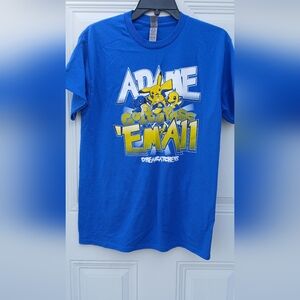 Gildan Blue Graphic Tee with Yellow & White Print